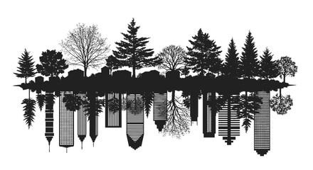 Stunning cityscape silhouette reflects lush trees and buildings in a surreal modern design concept, Generative AI.