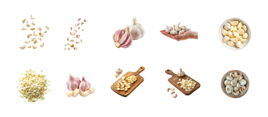 Collection of Fresh chopped minced garlic isolate on transparency background