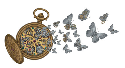 Intricate steampunk pocket watch gears transform into mechanical butterflies taking flight a symbol of innovation and time's evolution, Generative AI.