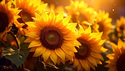 Fototapeta premium Close-up view of vibrant sunflowers bathed in warm sunlight, showcasing their bright yellow petals.