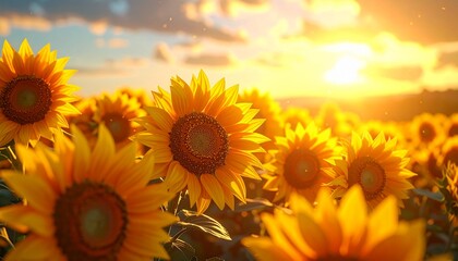 Obraz premium A vibrant field of sunflowers in full bloom under a bright, golden sunset, creating a warm and inviting scene.