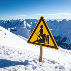 Mountain slope warning sign.  Snowy peak background