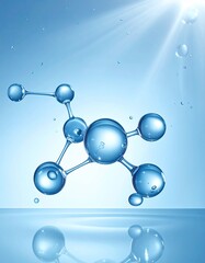 Water molecule, scientifically depicted,  with  sunlight & water reflections