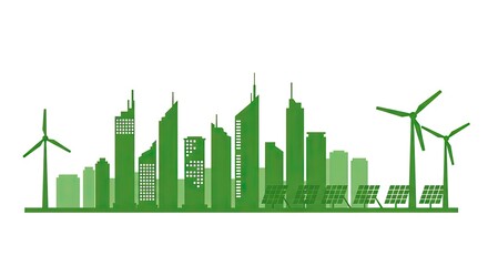 Fototapeta premium Eco-City Skyline: Green Energy, Sustainable Urban Landscape, Wind Turbines, Solar Panels