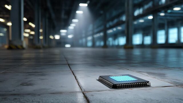 A small computer chip is sitting on the floor. The floor is made of concrete. The chip is black. Semiconductor chip under dramatic spotlight on empty factory floor,shortage dark muted scarcity concept