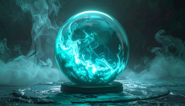 A glowing, mystical crystal ball sits on a dark surface, surrounded by swirling blue smoke and light.
