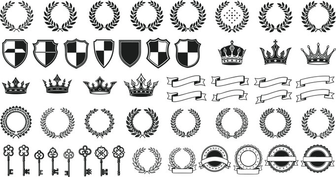 Vintage design elements, laurel wreaths, crowns, shields, keys, ribbons, decorative symbols, heraldic icons, classic ornaments, retro badges, vector set