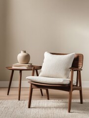 Mid-Century Wooden Armchair and Table – Minimalist Home Interior Harmony