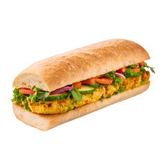 Long Submarine Sandwich with Chicken Cutlet Lettuce Tomato Onion and Cucumber long sandwich