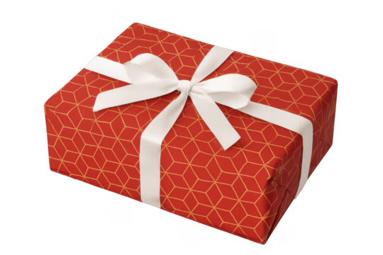 Red gift box wrapped with white ribbon on transparent background - Powered by Adobe