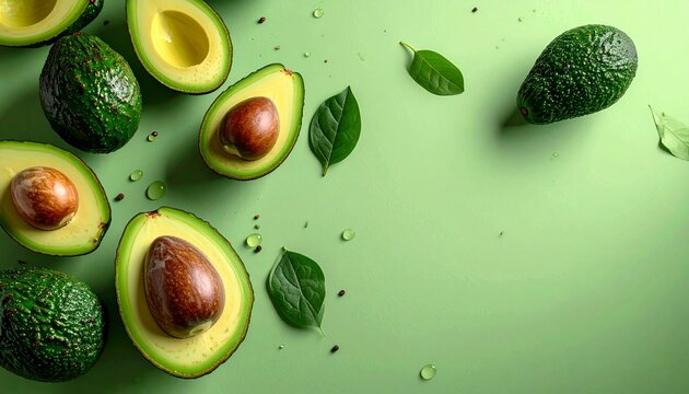Avocado on a green background fresh green fruit with seed cut in half