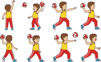 Cartoon child serving volleyball in step-by-step action sequence, sports illustration for kids, exercise, training, fitness, youth, education