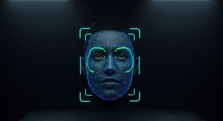 Futuristic Biometric Scan: Glowing Grid Face Recognition