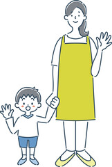 手を振る女性保育士と男の子の園児のシンプルな線画イラスト素材