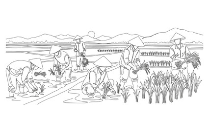 Obraz premium Minimalist One Line Illustration of Farmers Working in Rice Paddy Fields – Continuous Line Art