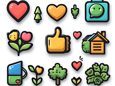 Cartoon Icon Collection on White Background: Multicolor Hearts, Plants, Thumbs-Up, Black Outlines (Slight 3D Look)