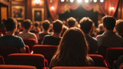 Rear view of audience watching theater play on auditorium stage