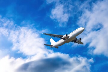 Obraz premium Modern white passenger airplane soaring high in the bright blue sky, gliding above fluffy clouds on a sunny daytime adventure