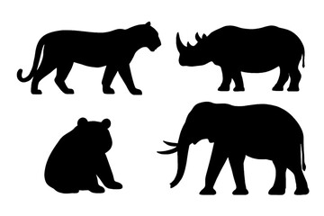 Four wild animal silhouettes of a walking leopard, a horned rhinoceros, a bear sitting upright, and an elephant with raised trunk and tusks. Bold black outlines highlight powerful wildlife.
