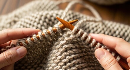 Knitting cozy wool with wooden needles for handmade craft project