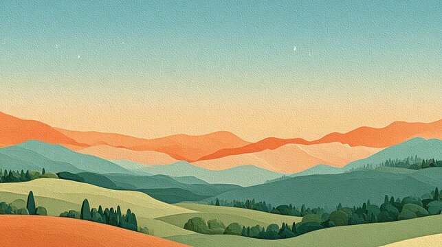 Stylized Landscape of Rolling Hills and Distant Mountains in Pastel Colors