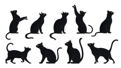 Ten black cat silhouettes in various poses against a black background with white outlines