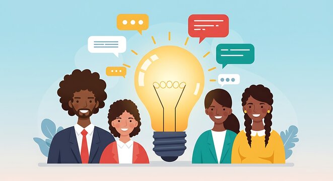 Diverse team brainstorming ideas with lightbulb and speech bubbles - Powered by Adobe