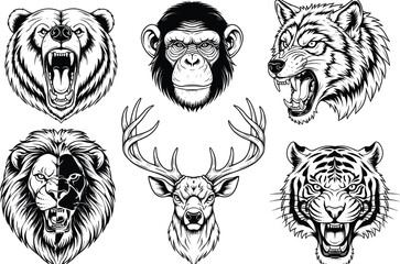 Wild animal heads, fierce bear, chimpanzee face, roaring wolf, angry lion, majestic deer, growling tiger, black and white vector