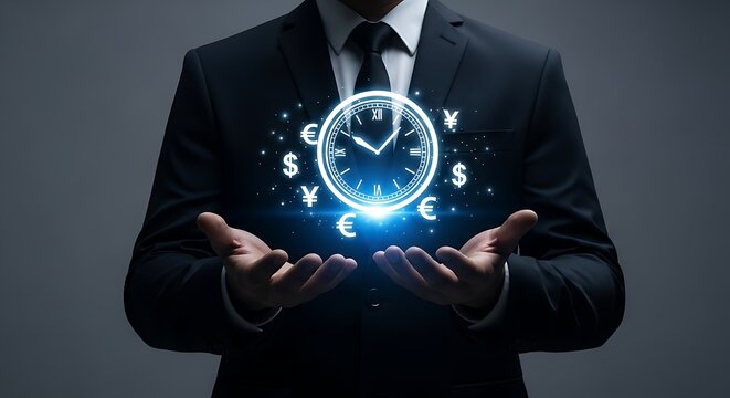 Businessman Holding Glowing Clock with Currency Symbols, Representing Time Is Money and Financial Concepts