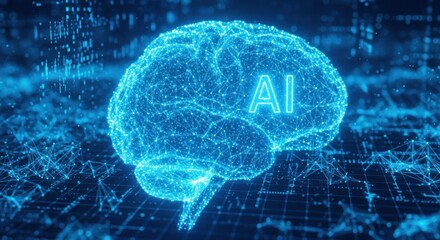 A detailed illustration of an artificial intelligence brain, rendered in glowing blue lines and points, set against a backdrop of digital code.