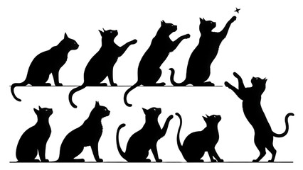 Silhouettes of black cats in various poses reaching for a star against a black background design art