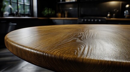 Obraz premium Close-up of a polished wooden table top in a modern kitchen