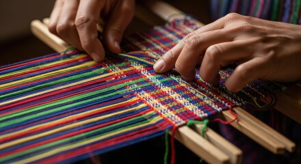 Artisan hands weaving colorful threads on a wooden loom