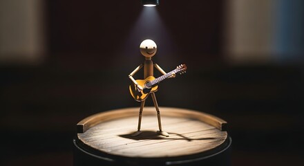 Obraz premium A spotlight shines on a wooden figure playing guitar. 