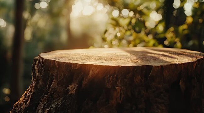 Sunlit tree stump, forest background - Powered by Adobe