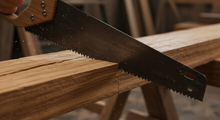 A handsaw cutting through a wooden plank supported by a sawhorse, showcasing woodworking.