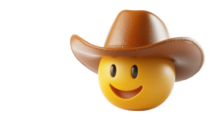 Cheerful yellow smiley face wearing cowboy hat isolated on background