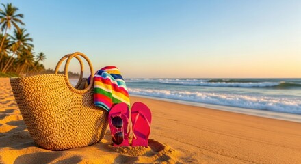 Colorful beach accessories, including a woven bag, striped towel, and pink flip-flops, sit on the golden sand of a serene seashore at sunrise.
