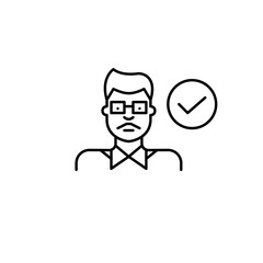 Indian man and checkmark. Identity verified, cultural inclusion. Pixel perfect, editable stroke vector icon