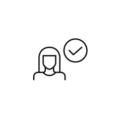 Woman and checkmark. Identity verified, confirmed member. Pixel perfect, editable stroke vector icon