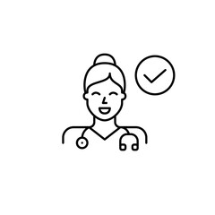 Trusted healthcare provider. Woman doctor, stethoscope and checkmark. Pixel perfect, editable stroke vector icon