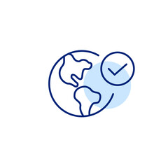 Earth and checkmark. Travel confirmed, global verification. Pixel perfect, editable stroke vector icon