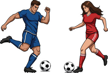Male and female soccer players in action, competitive football match, sports teamwork, athletic competition, flat vector illustration, CAD drawing style, dynamic sports scene © AVIJIT