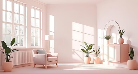 Fototapeta premium Soft pink minimalist living room with large windows, cozy armchair, and indoor plants. Sunlight gently streams in, creating a serene, airy atmosphere perfect for relaxing and modern home styling.