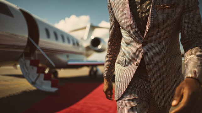 A person in a designer suit exiting a private jet on a red carpet, a scene of VIP travel. - Powered by Adobe