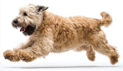 Energetic Tan Dog Leaping Against White Background