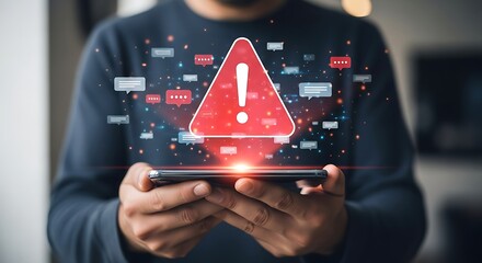 Person Holding Smartphone with Digital Warning Sign, Representing Cybersecurity Alert and Online Message Threats