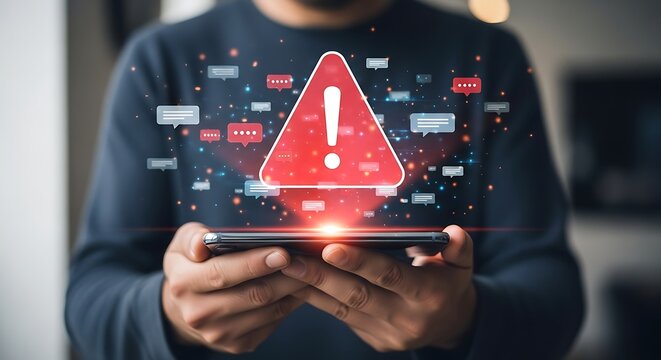 Person Holding Smartphone with Digital Warning Sign, Representing Cybersecurity Alert and Online Message Threats