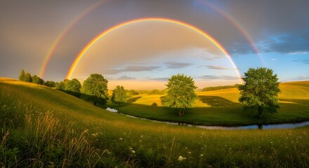 Naklejka premium A stunning double rainbow arcs over a lush green field with trees and a small stream.