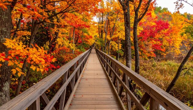 A scenic wooden bridge spans an autumn forest path ablaze with yellow and orange leaves